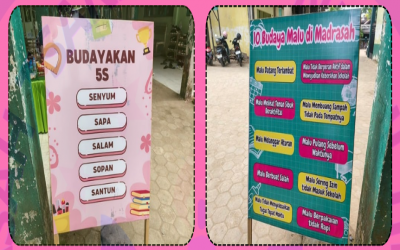 Sebagai Upaya Menanamkan Nilai Akhlak Mulia, Disiplin, dan Tanggung Jawab Peserta Didik, MTs Nurul Hidayah Kota Raja Memasang Spanduk Budayakan 5S (Senyum, Sapa, Salam, Sopan, dan Santun) serta 10 Budaya Malu di Lingkungan Madrasah